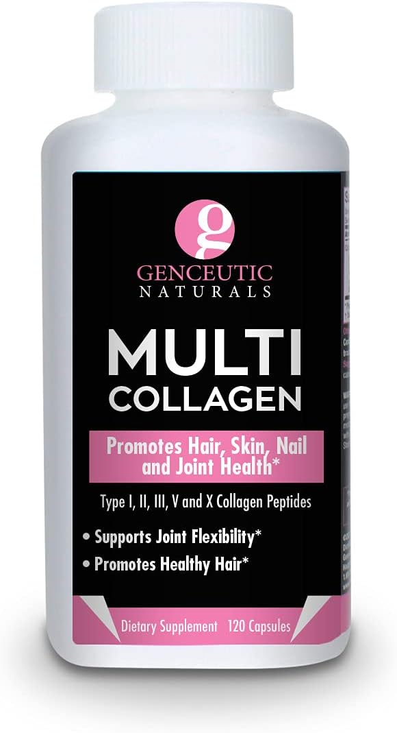 120 Veg Caps Genceutic Naturals Multi Collagen Capsules for Healthy Hair, Skin & Nails - Types I, II, III, V & X - 1500mg Non-GMO, Pasture-Raised, Cage-Free, Cruelty-Free