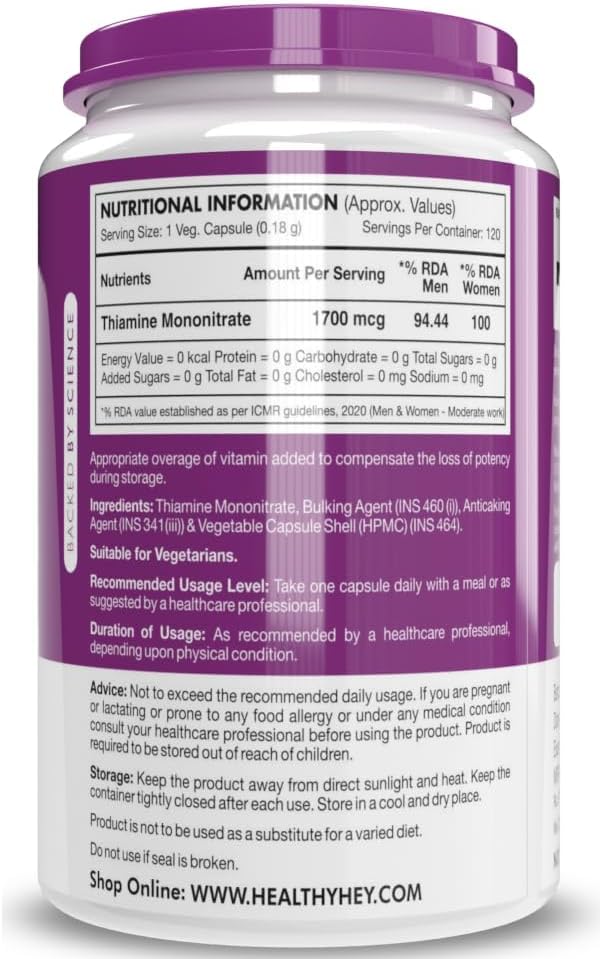 120 Veg Capsules of Vitamin B1 Thiamine Supplement for Overall Wellness