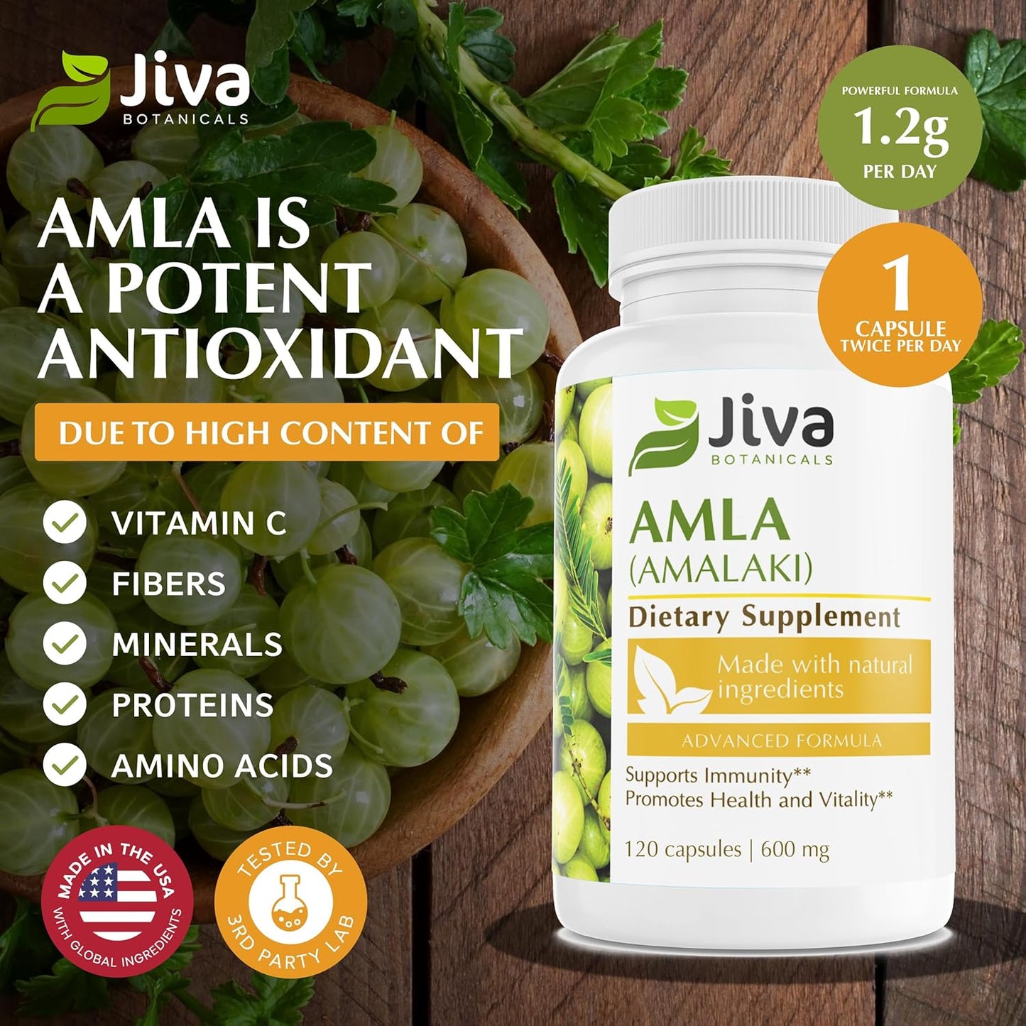 120 Vegan Amla Capsules by Jiva Botanicals - Amalaki Powder Supplement for Vitality - Indian Gooseberry Herb