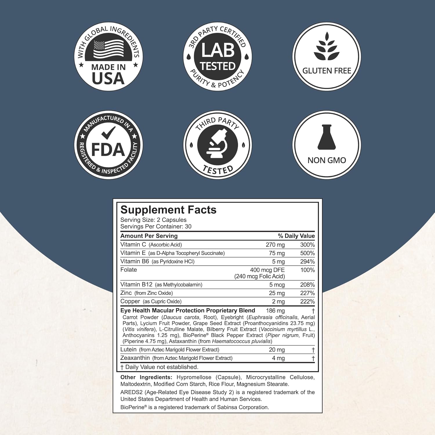 120 Vegan Capsules NuBest AREDS 2 Eye Vitamins with Beta Carotene, Lutein, Zeaxanthin, Bilberry, Grape Seed, B-Complex, Multivitamin - Eye Health Support