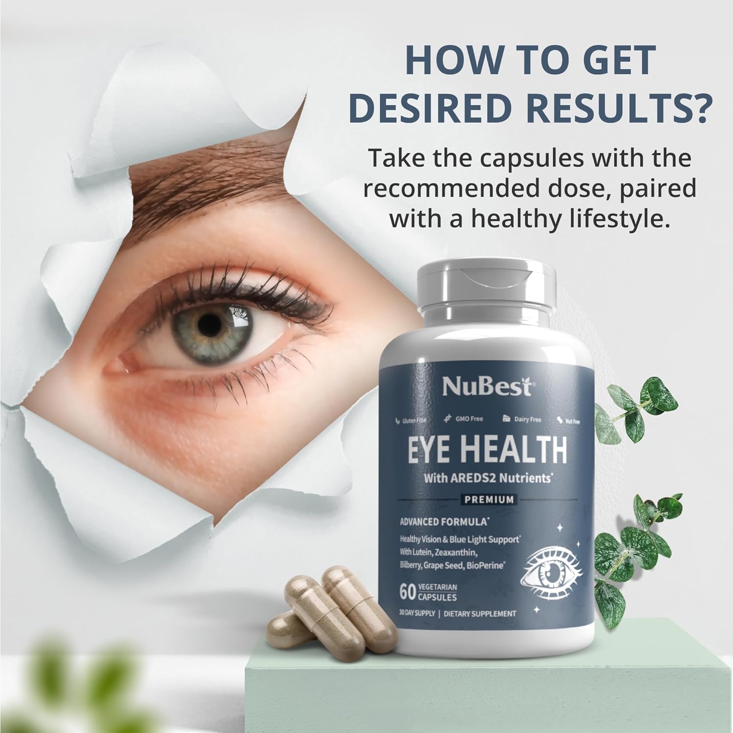 120 Vegan Capsules NuBest AREDS 2 Eye Vitamins with Beta Carotene, Lutein, Zeaxanthin, Bilberry, Grape Seed, B-Complex, Multivitamin - Eye Health Support