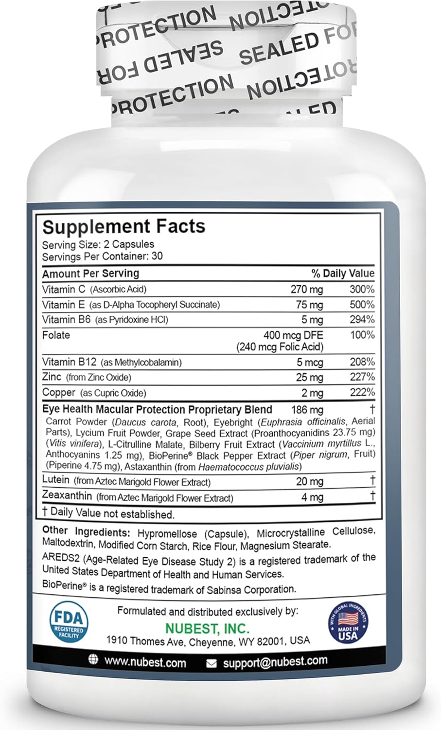 120 Vegan Capsules NuBest AREDS 2 Eye Vitamins with Beta Carotene, Lutein, Zeaxanthin, Bilberry, Grape Seed, B-Complex, Multivitamin - Eye Health Support