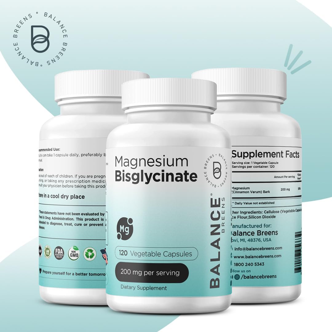 120 Vegan Capsules of High Absorption Chelated Magnesium Bisglycinate 200mg for Heart, Muscles, Bones & Mood Support