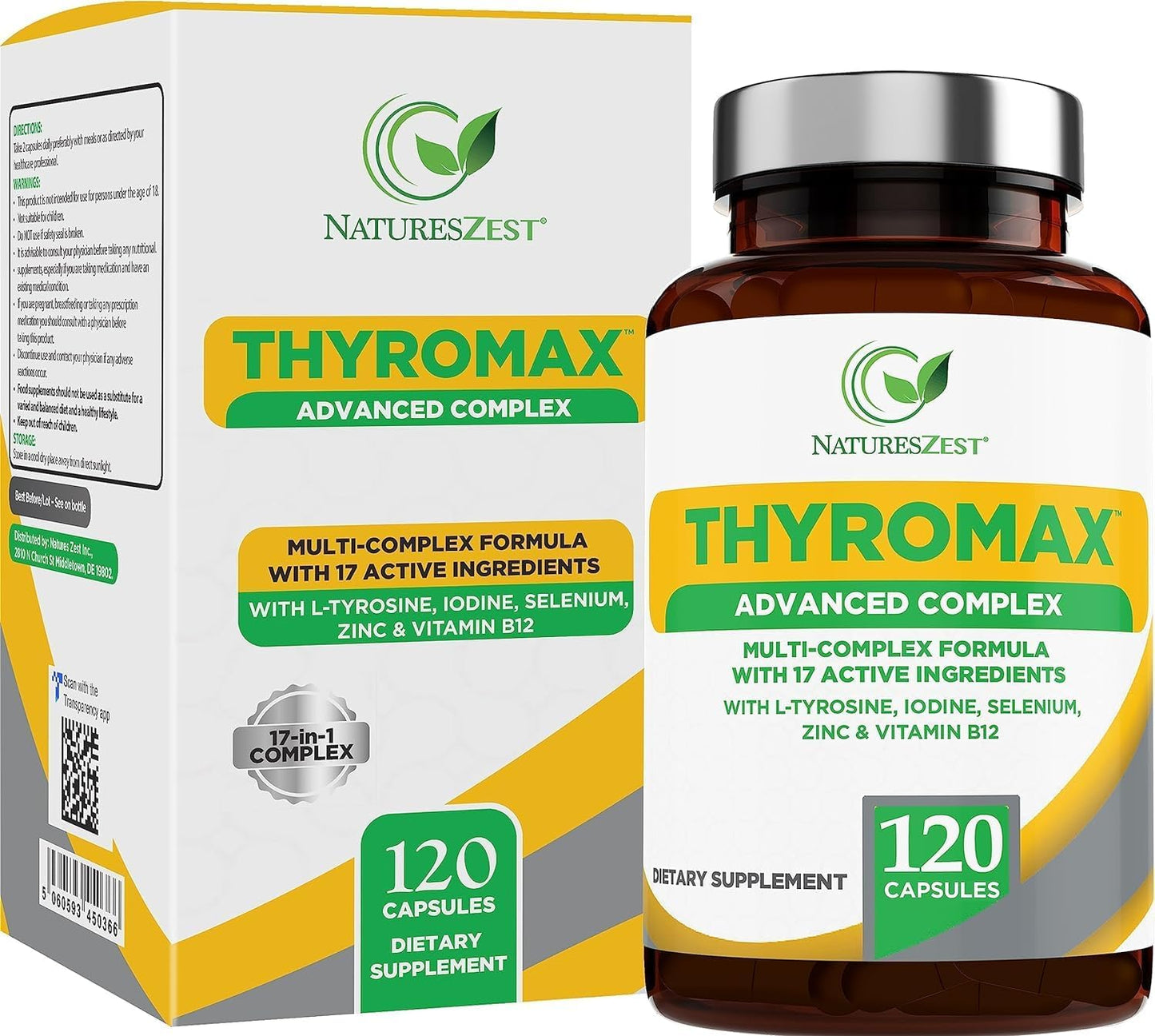 120 Vegan Capsules Thyroid Support Supplement for Women & Men - Natural Thyroid Health Formula with Iodine, L-Tyrosine, Ashwagandha, B12, and Zinc - 60 Day Supply