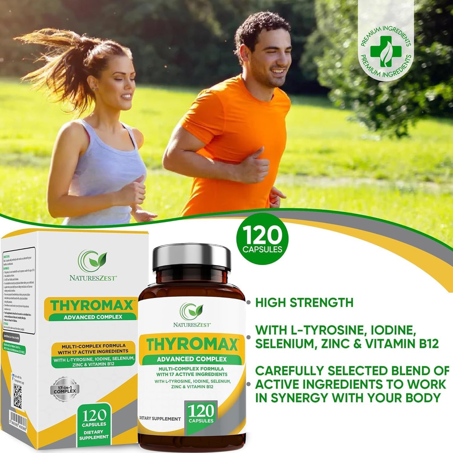 120 Vegan Capsules Thyroid Support Supplement for Women & Men - Natural Thyroid Health Formula with Iodine, L-Tyrosine, Ashwagandha, B12, and Zinc - 60 Day Supply