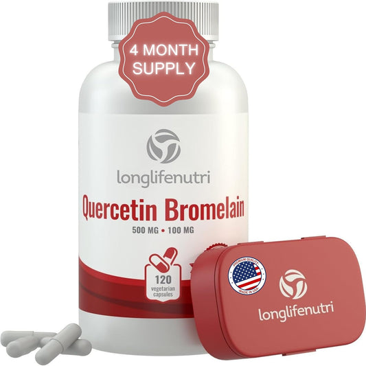 120 Vegetarian Capsules of LongLifeNutri Quercetin 500mg with Bromelain 100mg | Antioxidant Relief Complex | Dihydrate Pure Powder Extract