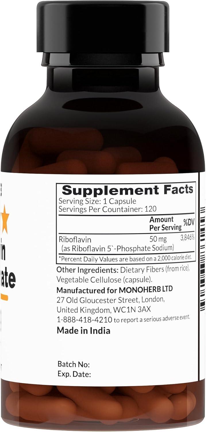 120 Vegetarian Capsules of MONOHERB Riboflavin 5'-Phosphate 50 mg - Bioactive Vitamin B2 Supplement