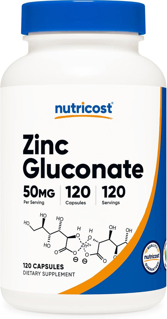 120 Vegetarian Capsules of Nutricost Zinc Gluconate (50mg) - Gluten Free and Non-GMO Supplement