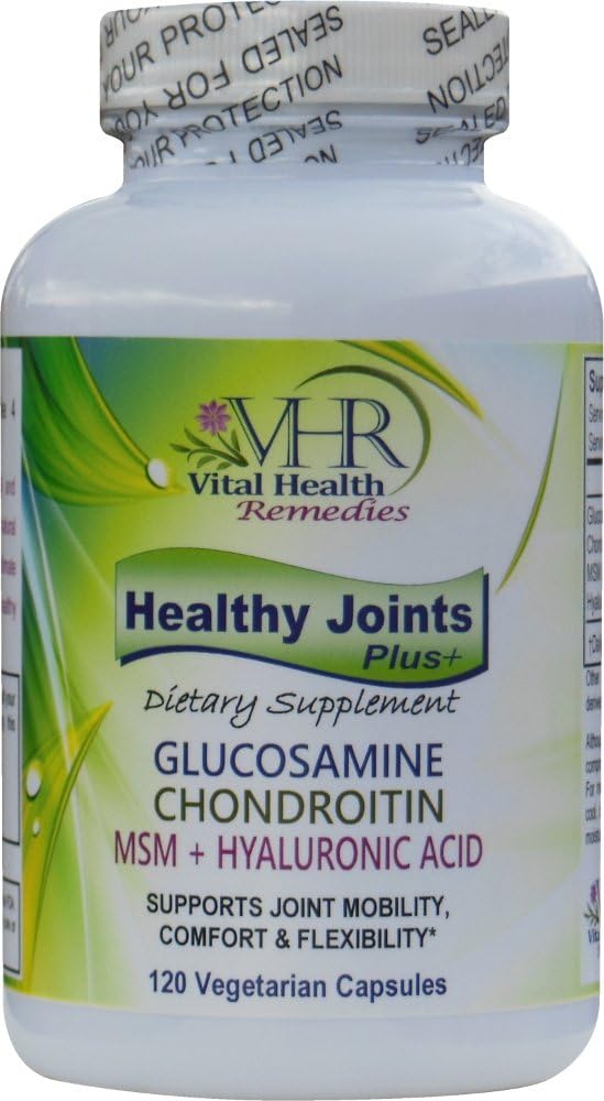 120 Vegetarian Capsules of Vital Health Remedies Healthy Joints Plus+ with Glucosamine, Chondroitin, MSM, and Hyaluronic Acid - Highest Potency Combination