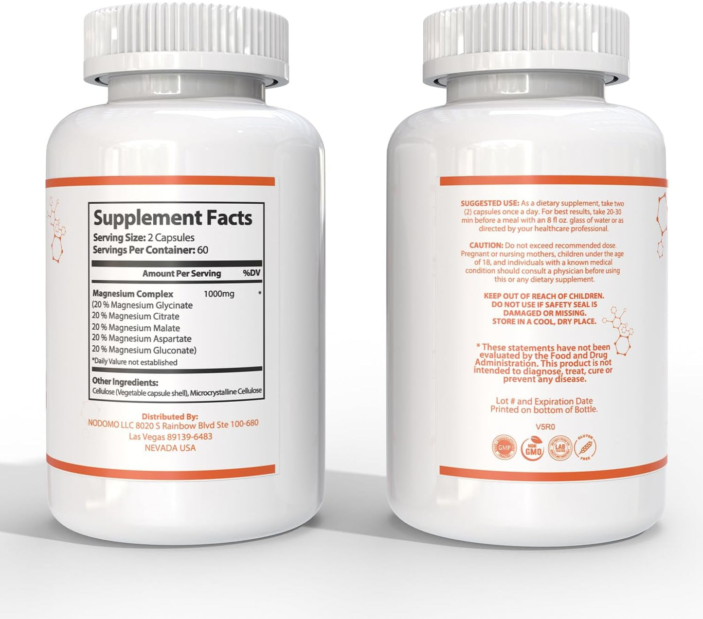120 Veggie Capsules of 5-in-1 Magnesium Glycinate Citrate Malate Aspartate Gluconate, 1000mg, Gluten-Free, Non-GMO - 2 Month Supply