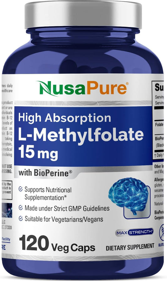 120 Veggie Capsules of NusaPure L Methylfolate 15mg with Bioperine for Enhanced Absorption