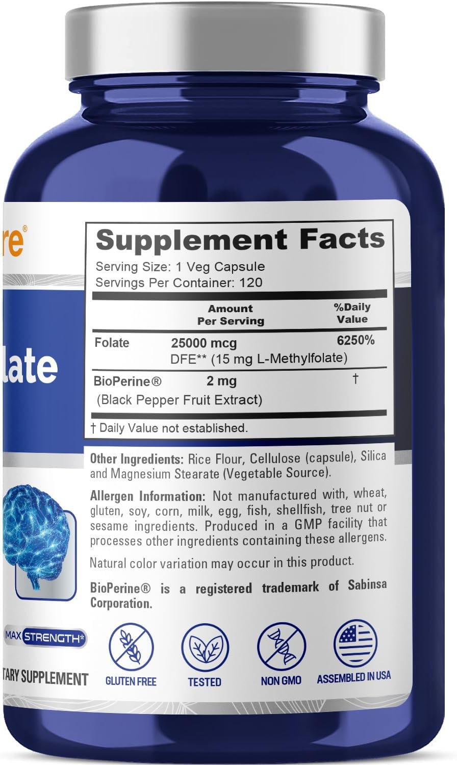 120 Veggie Capsules of NusaPure L Methylfolate 15mg with Bioperine for Enhanced Absorption