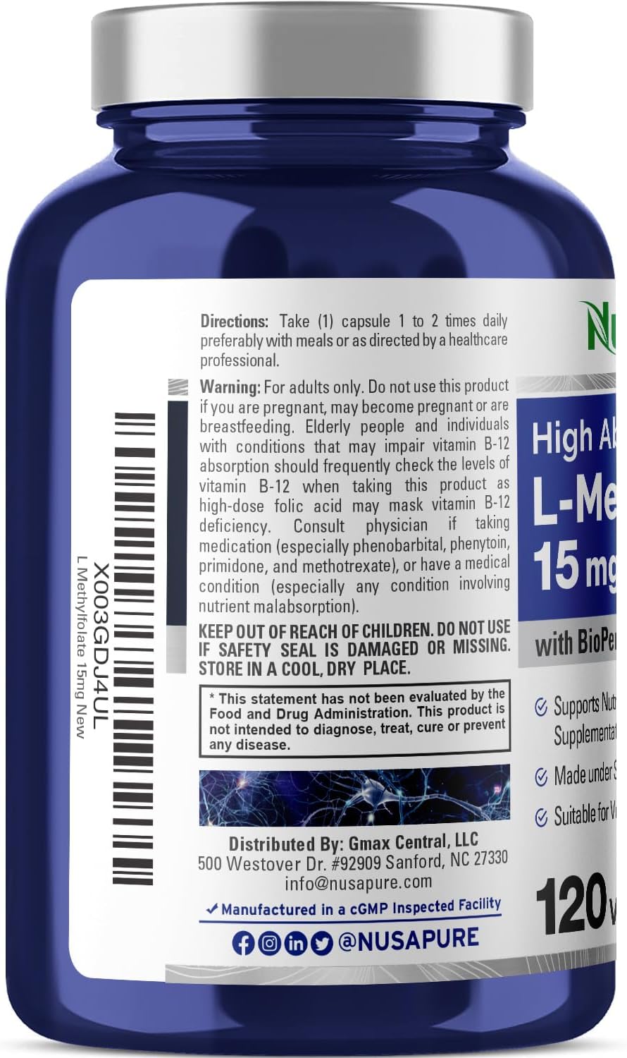 120 Veggie Capsules of NusaPure L Methylfolate 15mg with Bioperine for Enhanced Absorption