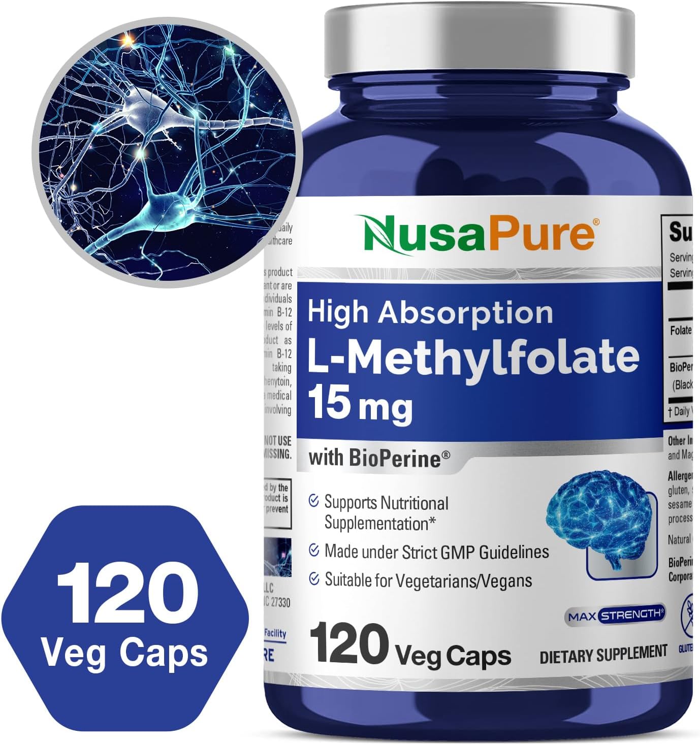 120 Veggie Capsules of NusaPure L Methylfolate 15mg with Bioperine for Enhanced Absorption