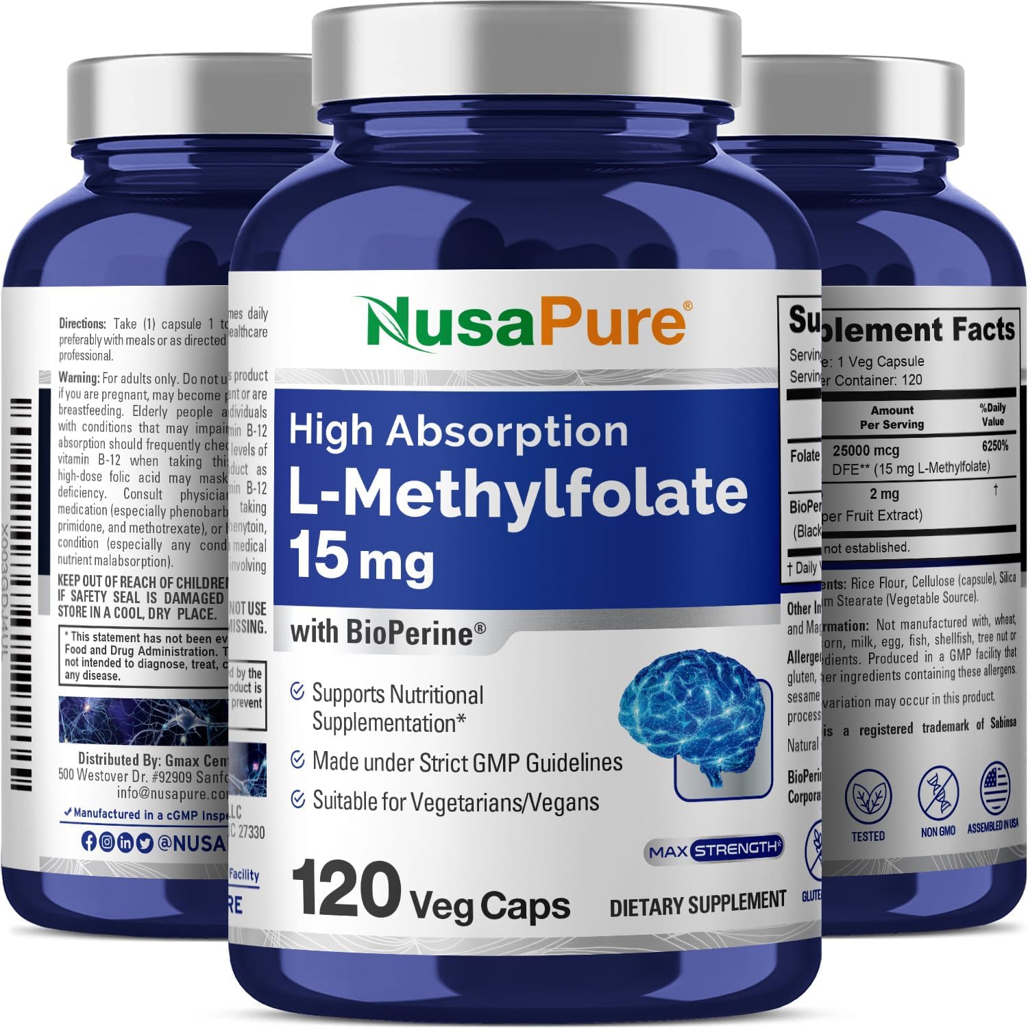 120 Veggie Capsules of NusaPure L Methylfolate 15mg with Bioperine for Enhanced Absorption