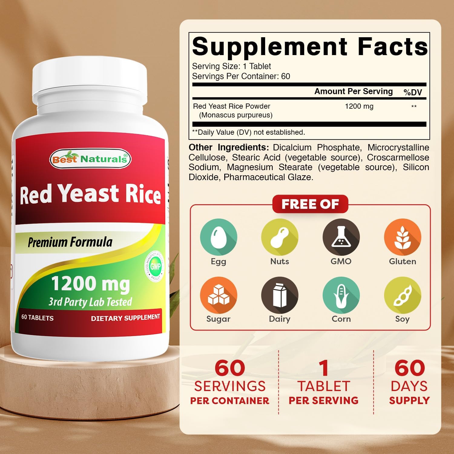 1200 Mg Red Yeast Rice Tablets for Healthy Cholesterol - Pack of 6 (60 Count) by Best Naturals - BoostGo Australia