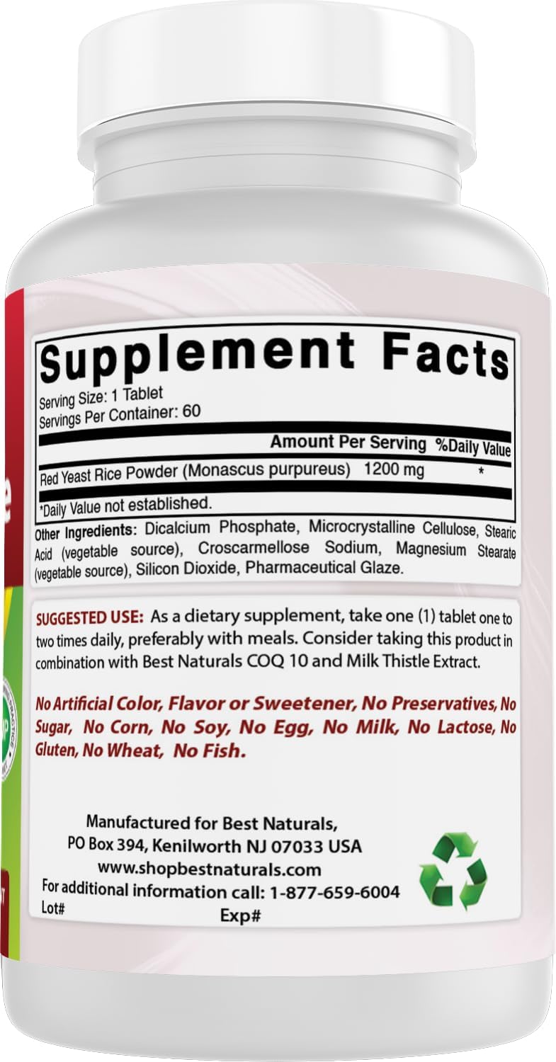 1200 Mg Red Yeast Rice Tablets for Healthy Cholesterol - Pack of 6 (60 Count) by Best Naturals - BoostGo Australia