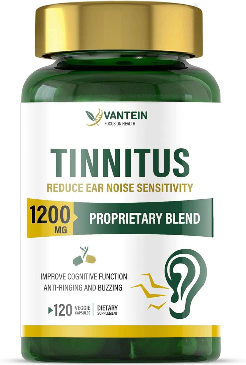 1200 MG Tinnitus Relief Capsules - Supports Hearing & Ear Pain, 60-Day Supply for Men & Women