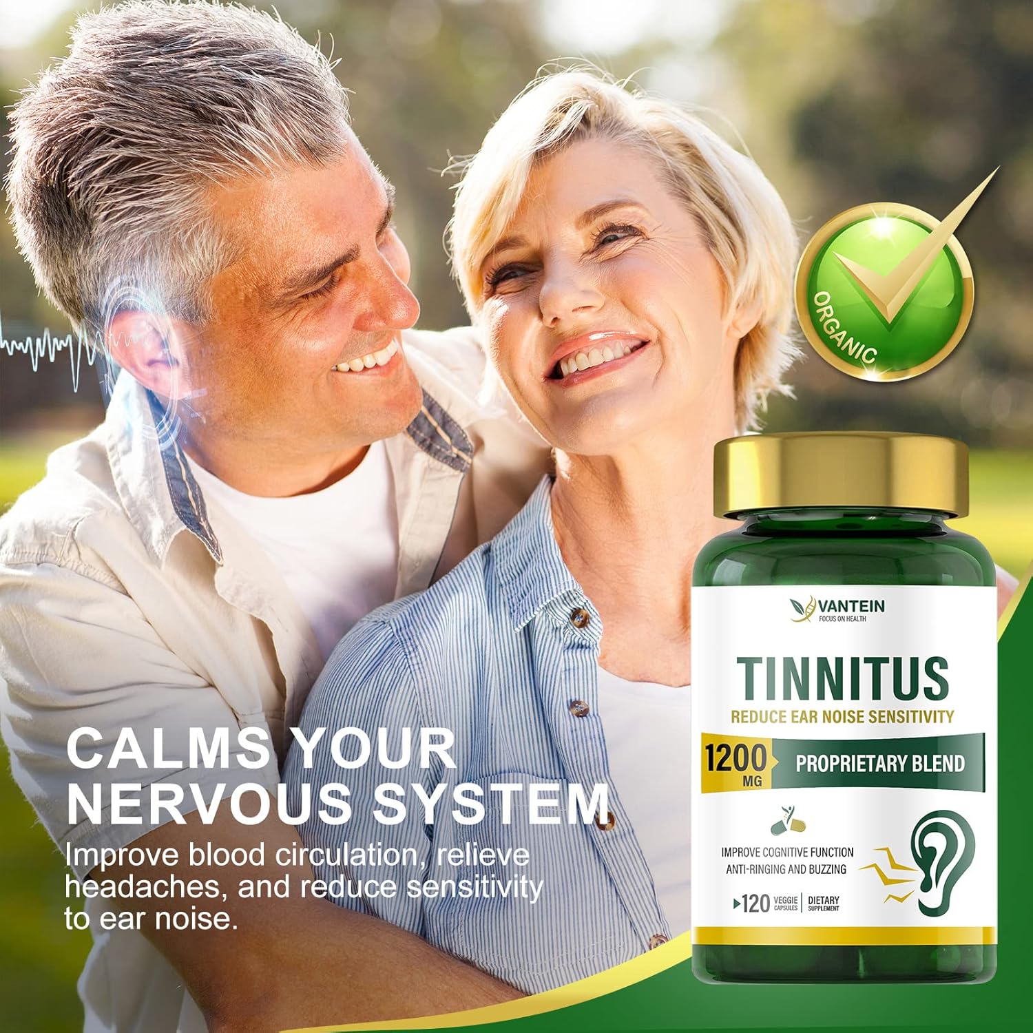 1200 MG Tinnitus Relief Capsules - Supports Hearing & Ear Pain, 60-Day Supply for Men & Women