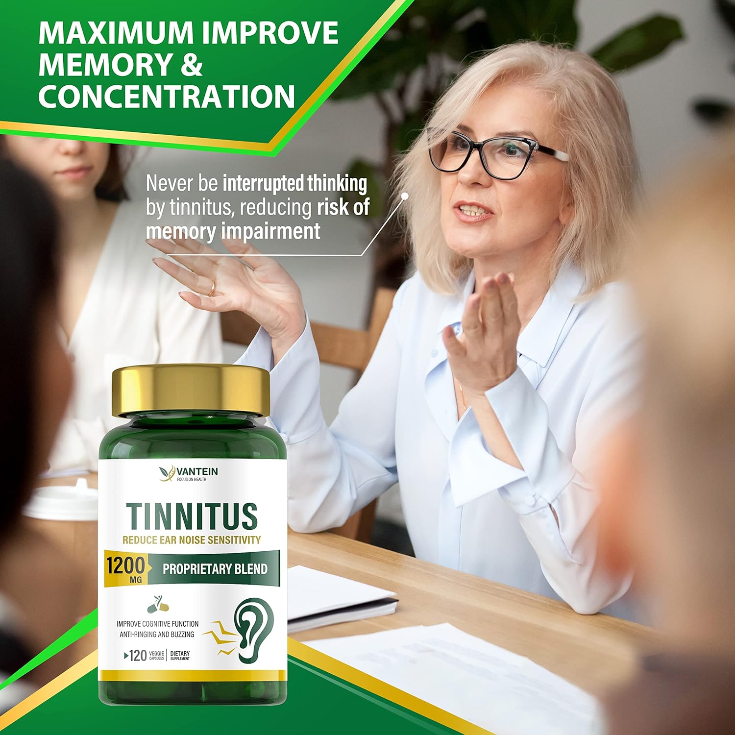 1200 MG Tinnitus Relief Capsules - Supports Hearing & Ear Pain, 60-Day Supply for Men & Women