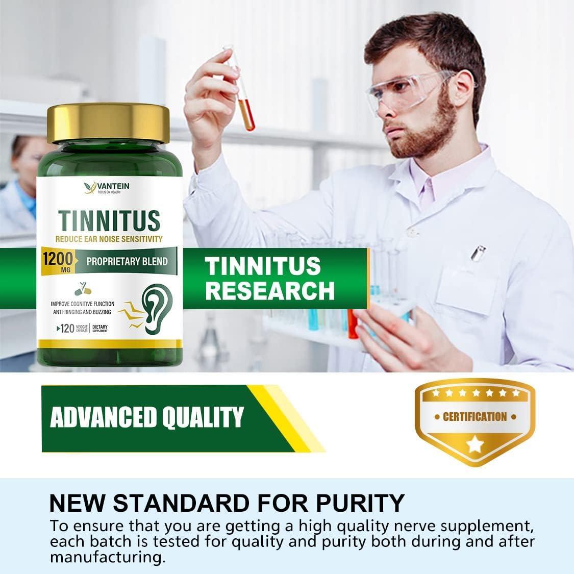 1200 MG Tinnitus Relief Capsules - Supports Hearing & Ear Pain, 60-Day Supply for Men & Women