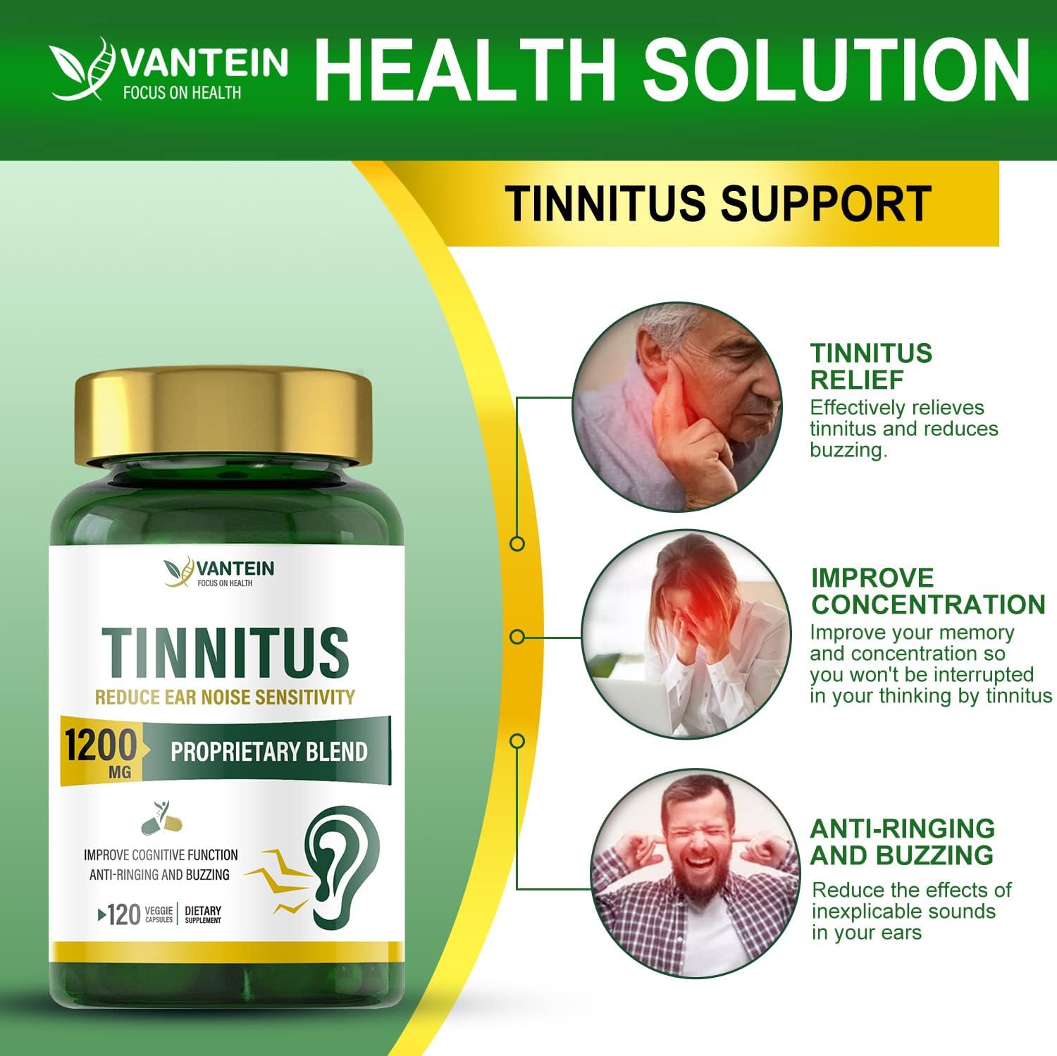 1200 MG Tinnitus Relief Capsules - Supports Hearing & Ear Pain, 60-Day Supply for Men & Women