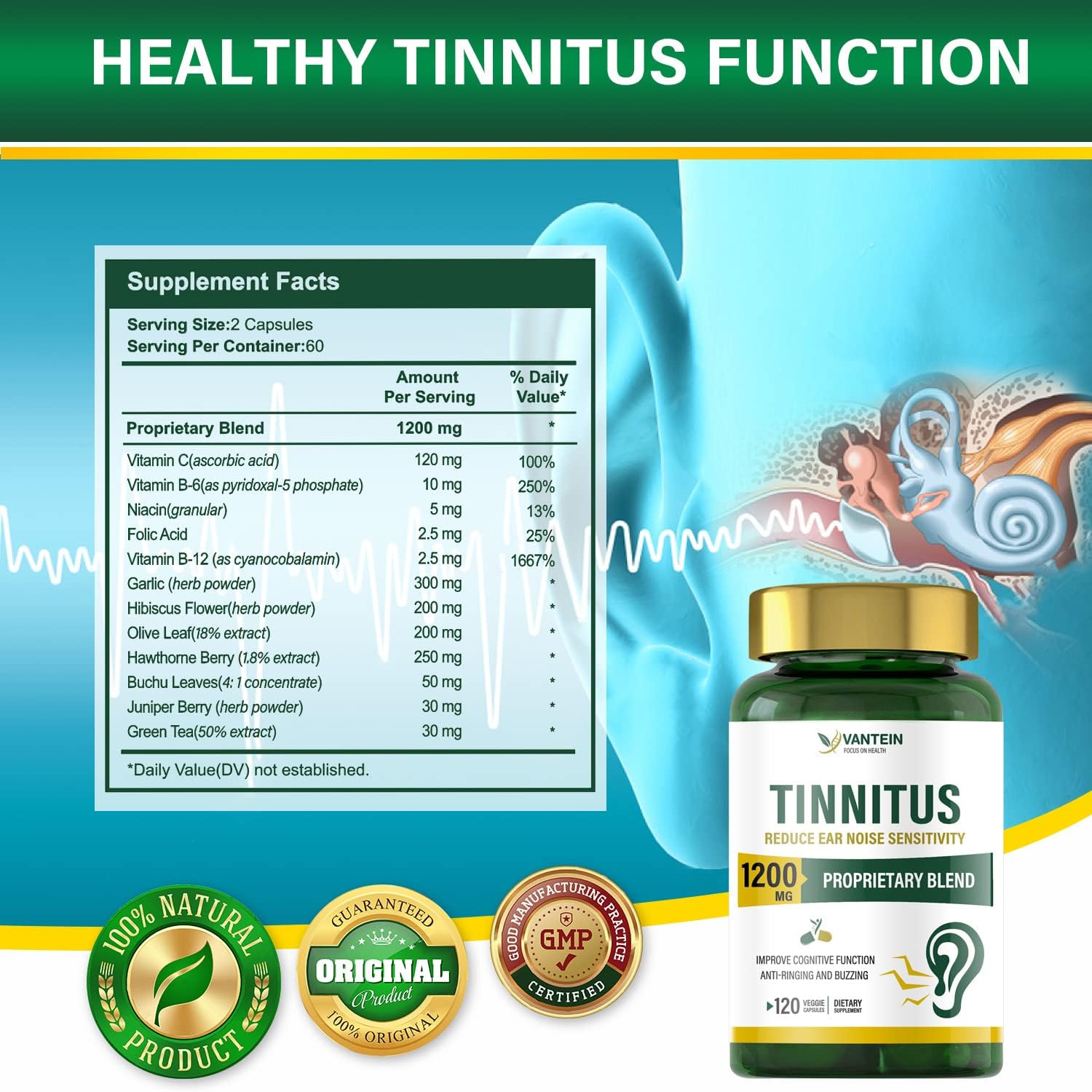 1200 MG Tinnitus Relief Capsules - Supports Hearing & Ear Pain, 60-Day Supply for Men & Women