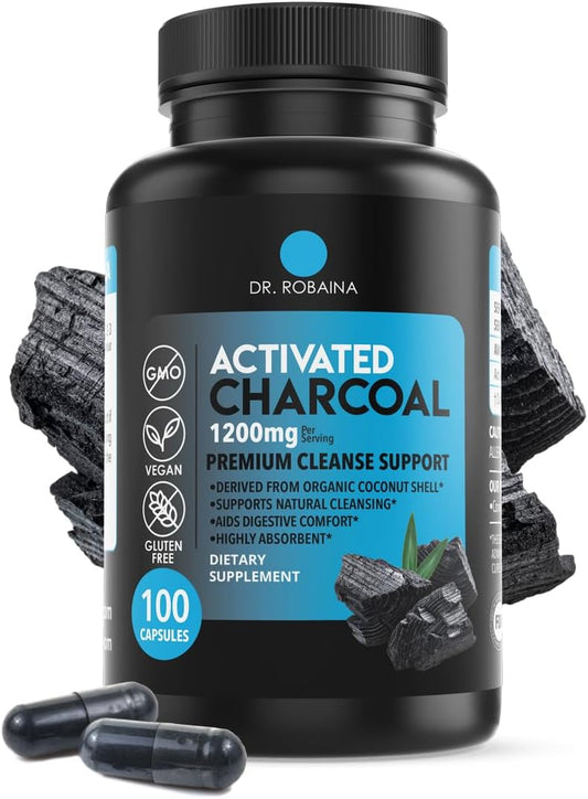 1200mg Activated Charcoal Capsules - Natural Detox & Digestive Support - 100 Capsules USA Made