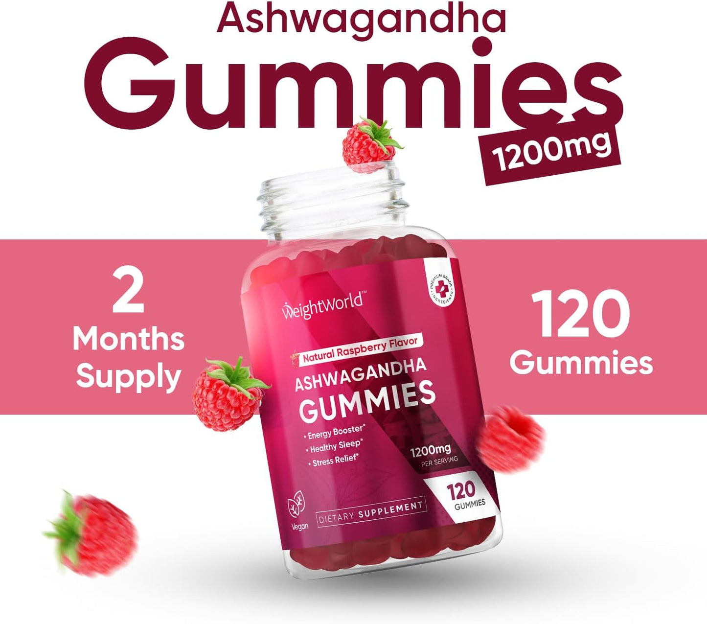 1200mg Ashwagandha Gummies for Women & Men - Raspberry Flavored - Boost Energy, Improve Sleep, Reduce Stress - 2 Month Supply - Gluten-Free Vegan Formula