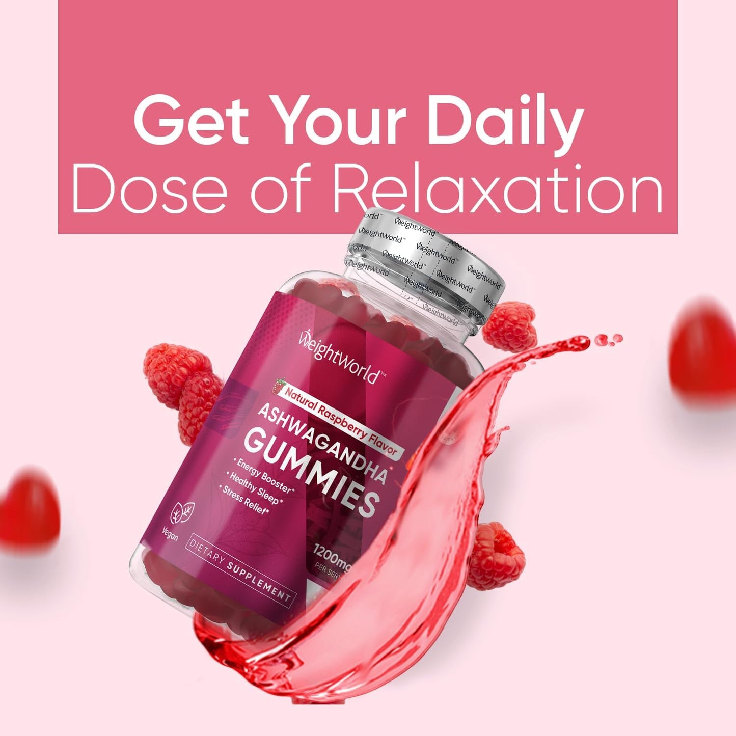 1200mg Ashwagandha Gummies for Women & Men - Raspberry Flavored - Boost Energy, Improve Sleep, Reduce Stress - 2 Month Supply - Gluten-Free Vegan Formula