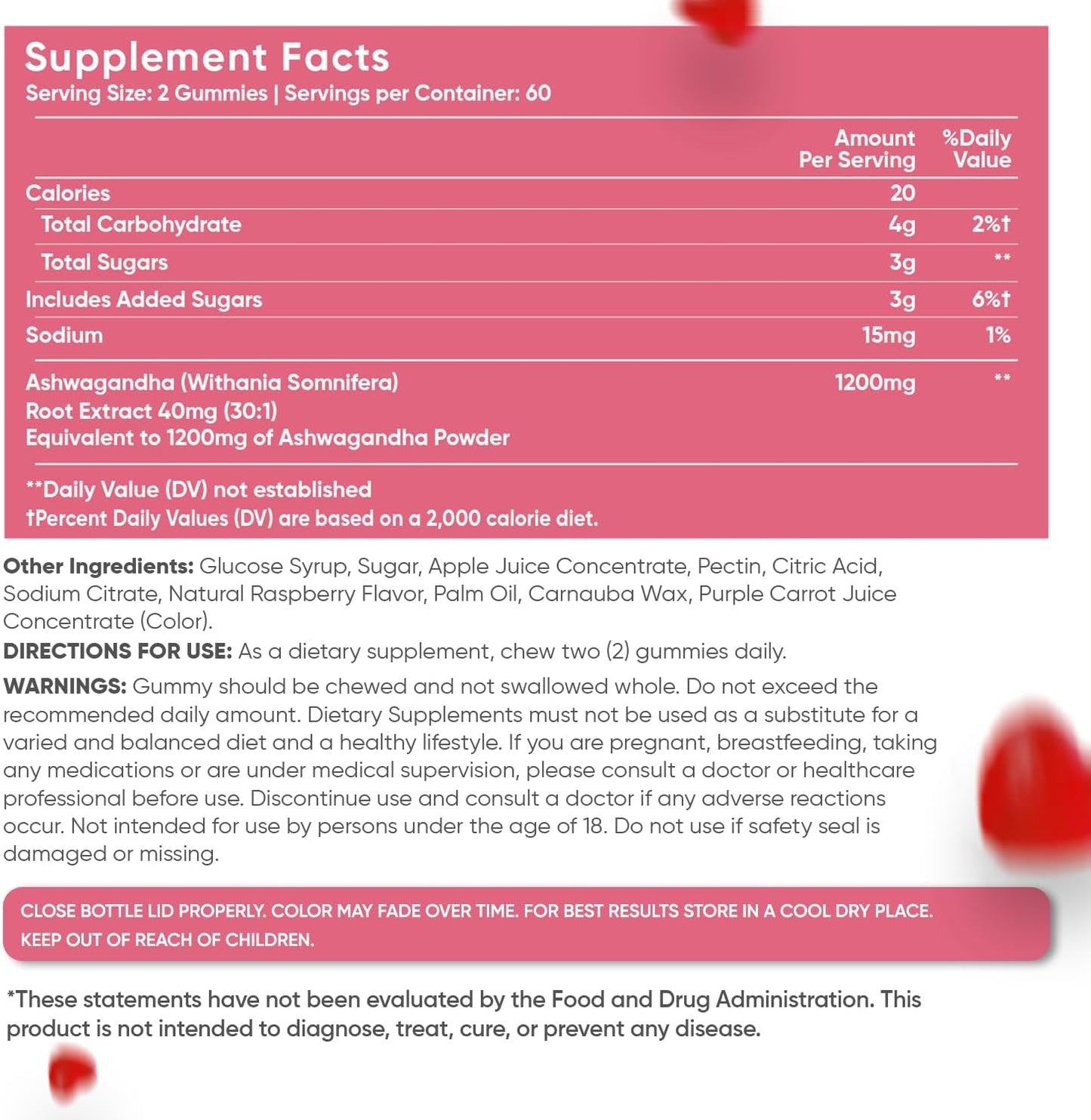 1200mg Ashwagandha Gummies for Women & Men - Raspberry Flavored - Boost Energy, Improve Sleep, Reduce Stress - 2 Month Supply - Gluten-Free Vegan Formula