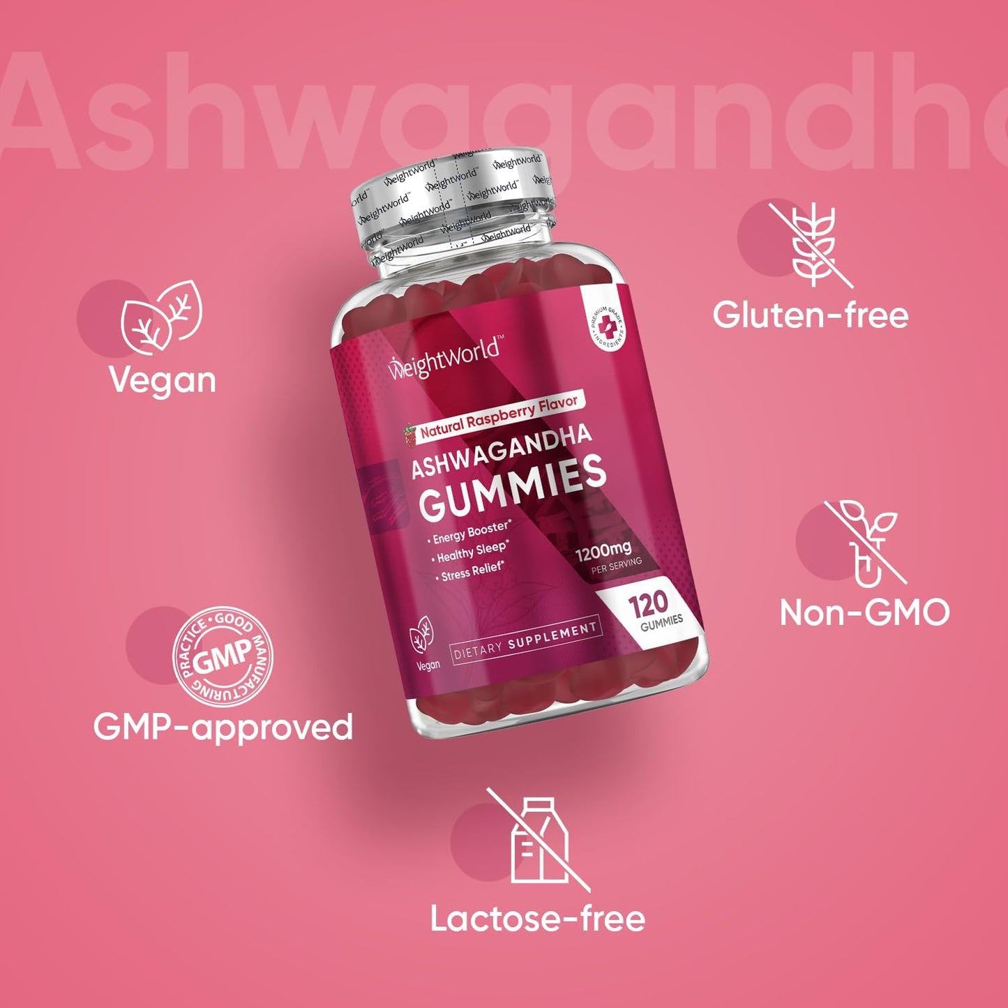 1200mg Ashwagandha Gummies for Women & Men - Raspberry Flavored - Boost Energy, Improve Sleep, Reduce Stress - 2 Month Supply - Gluten-Free Vegan Formula