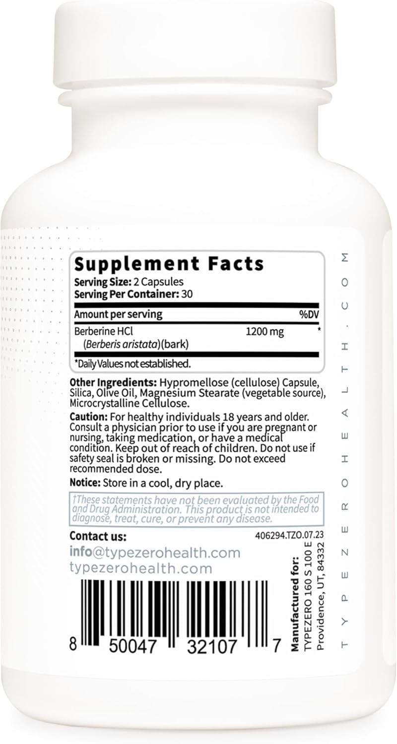 1200mg Berberine HCL Capsules - Type Zero Clean, Non-GMO, Gluten Free Supplement