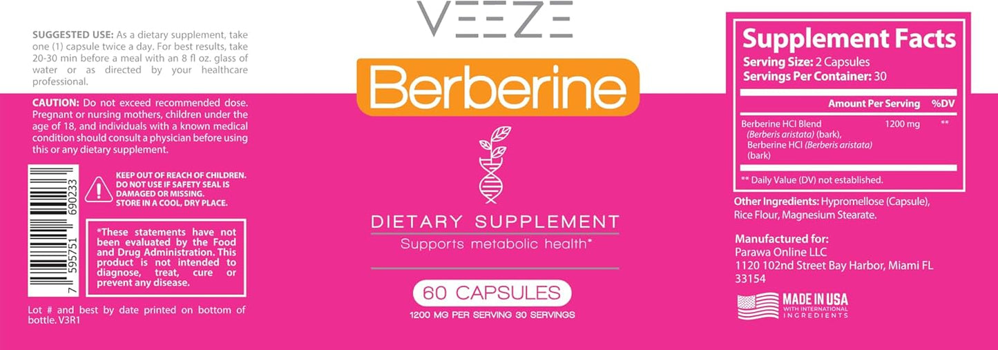 1200mg Berberine Supplement - 60 Capsules, 30 Servings - USA Made Non-GMO - Immunity & Heart Health Support