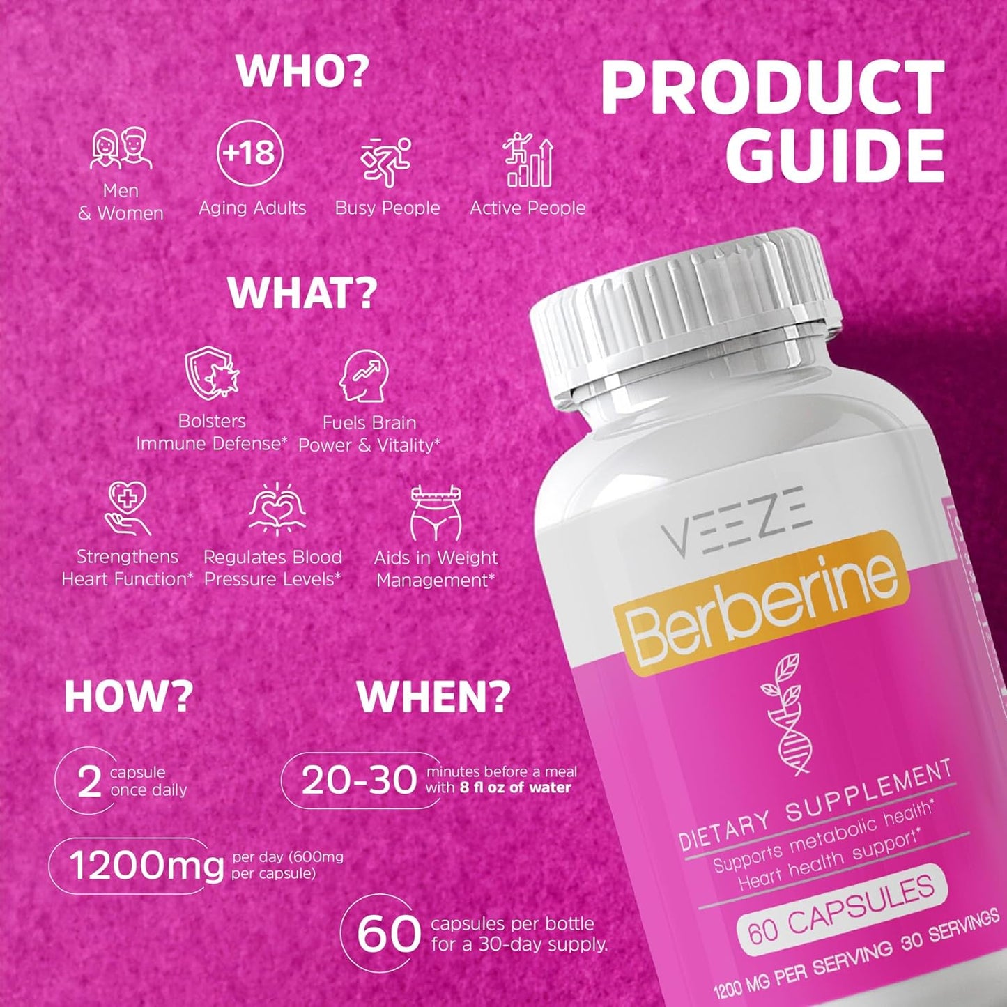 1200mg Berberine Supplement - 60 Capsules, 30 Servings - USA Made Non-GMO - Immunity & Heart Health Support