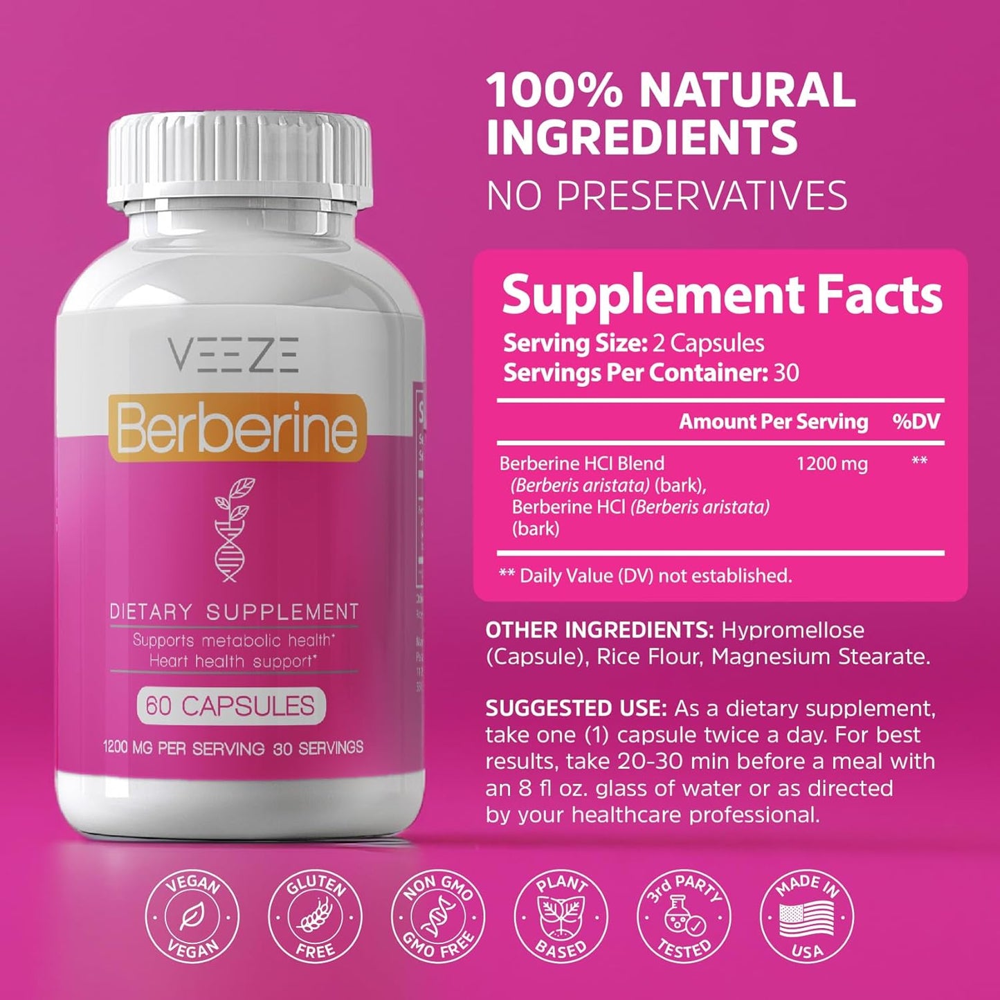 1200mg Berberine Supplement - 60 Capsules, 30 Servings - USA Made Non-GMO - Immunity & Heart Health Support
