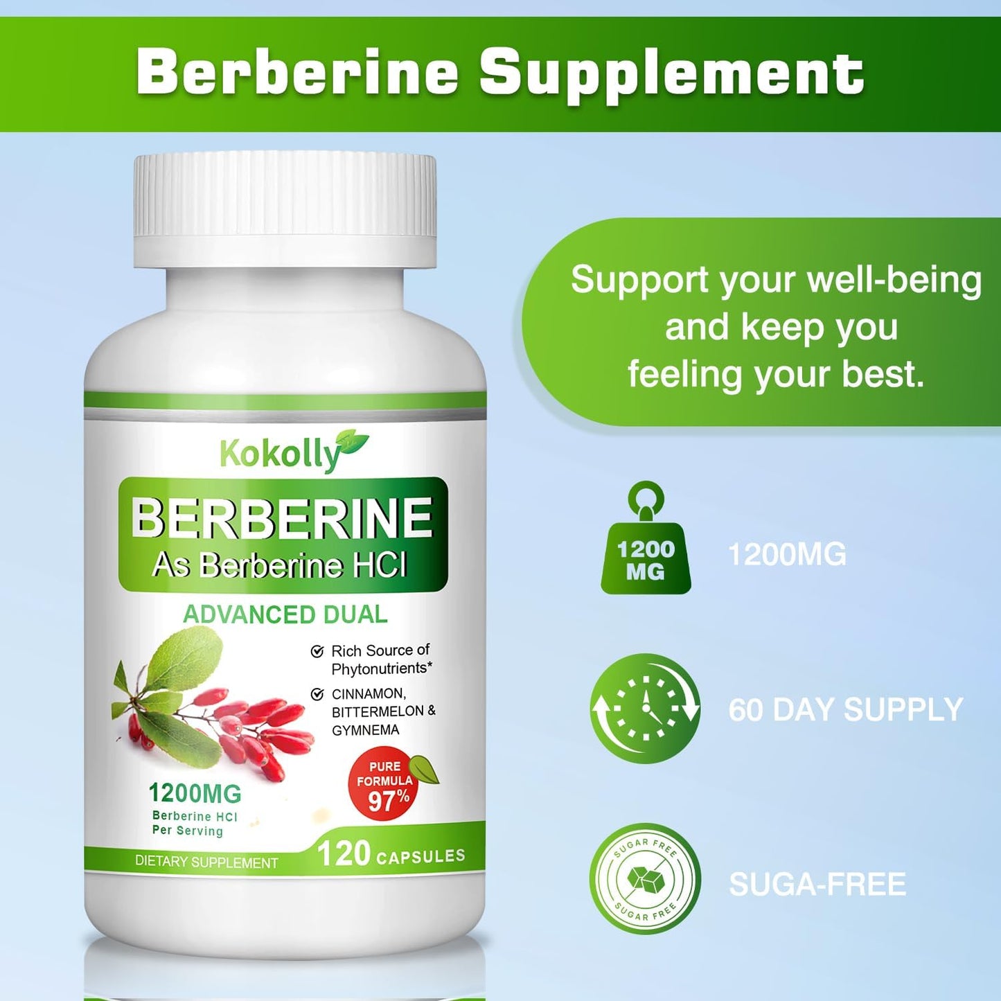1200mg Berberine Supplement with Natural Plant-Based Ingredients - Berberine HCL, Cinnamon, Bittermelon, Gymnema - 120 Capsules