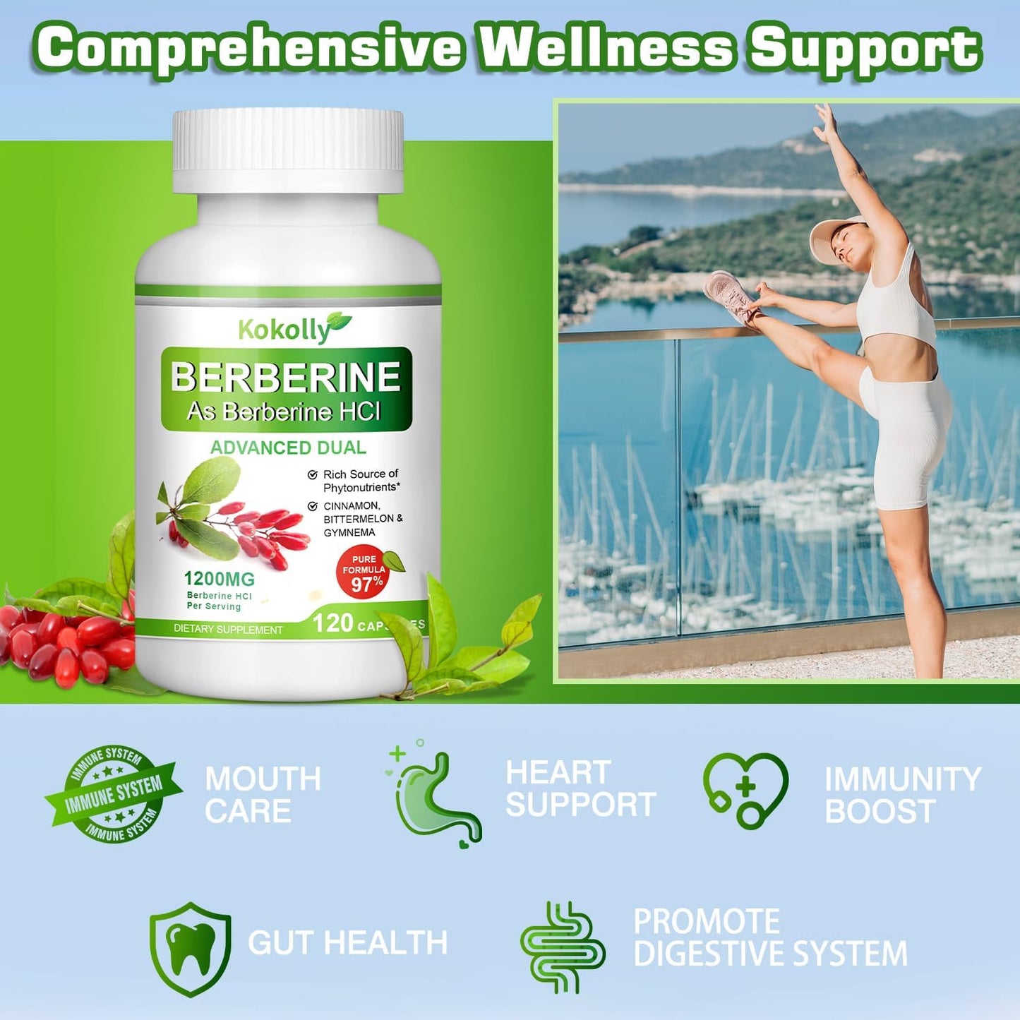 1200mg Berberine Supplement with Natural Plant-Based Ingredients - Berberine HCL, Cinnamon, Bittermelon, Gymnema - 120 Capsules