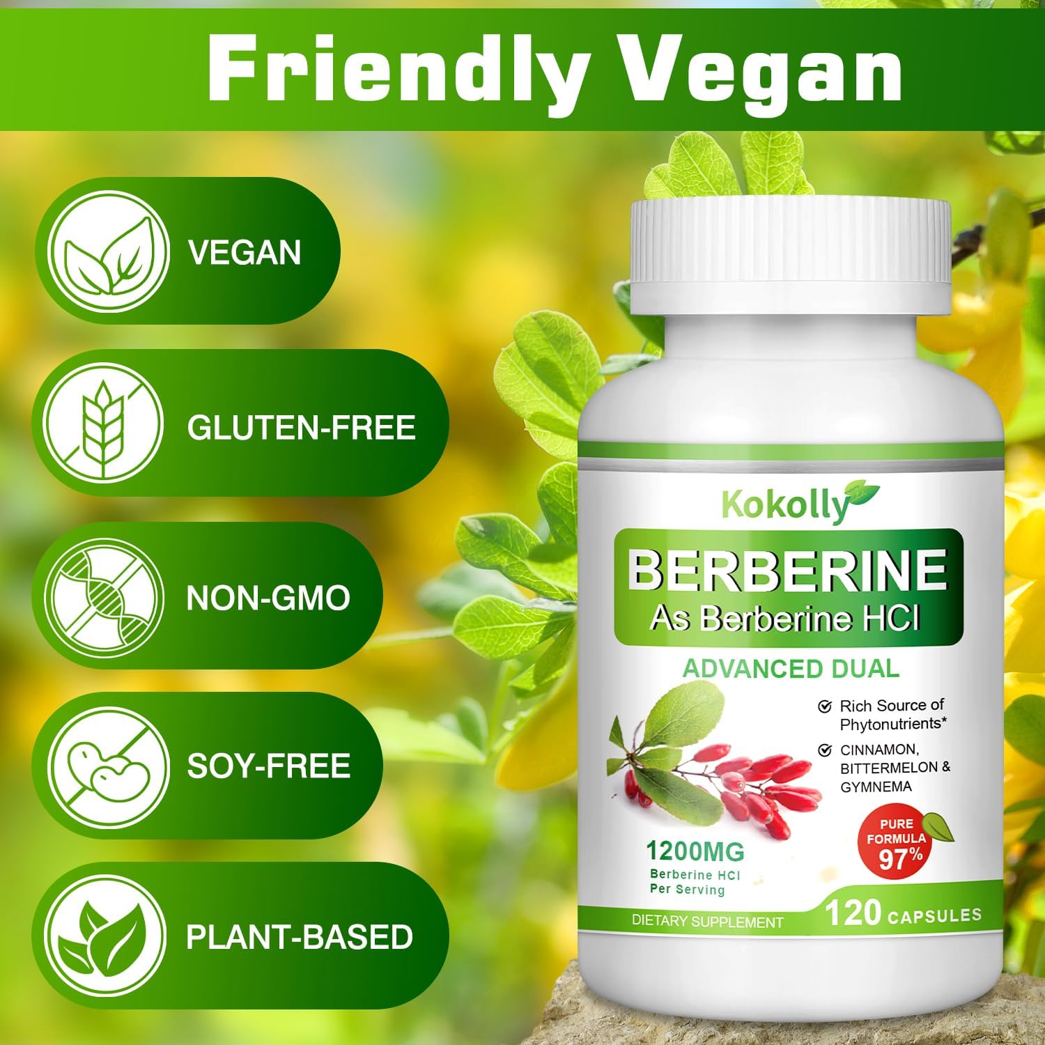 1200mg Berberine Supplement with Natural Plant-Based Ingredients - Berberine HCL, Cinnamon, Bittermelon, Gymnema - 120 Capsules