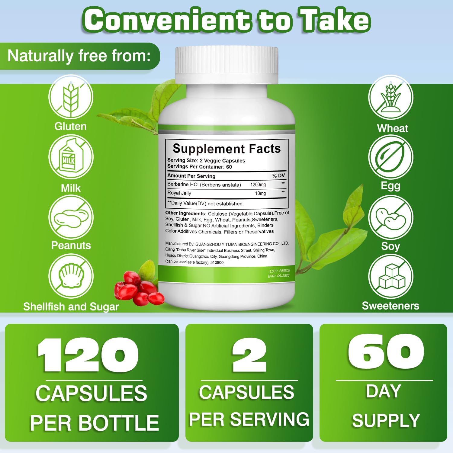 1200mg Berberine Supplement with Natural Plant-Based Ingredients - Berberine HCL, Cinnamon, Bittermelon, Gymnema - 120 Capsules