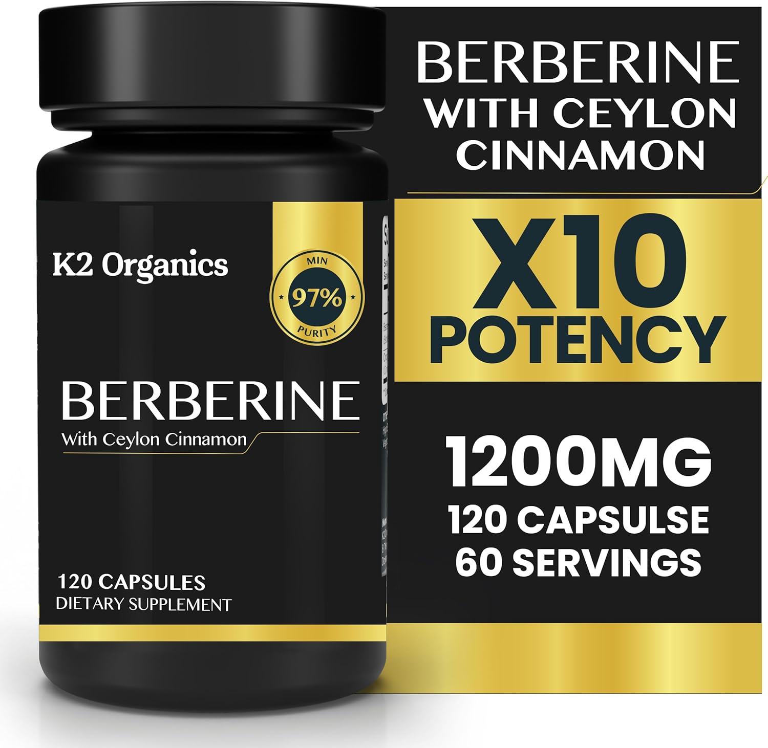 1200mg Berberine with Ceylon Cinnamon - 97% Purity, Non-GMO, Gluten-Free, Lab-Tested Vegan Supplement - 120 Count Pack