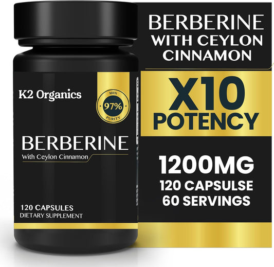 1200mg Berberine with Ceylon Cinnamon - 97% Purity, Non-GMO, Gluten-Free, Lab-Tested Vegan Supplement - 120 Count Pack