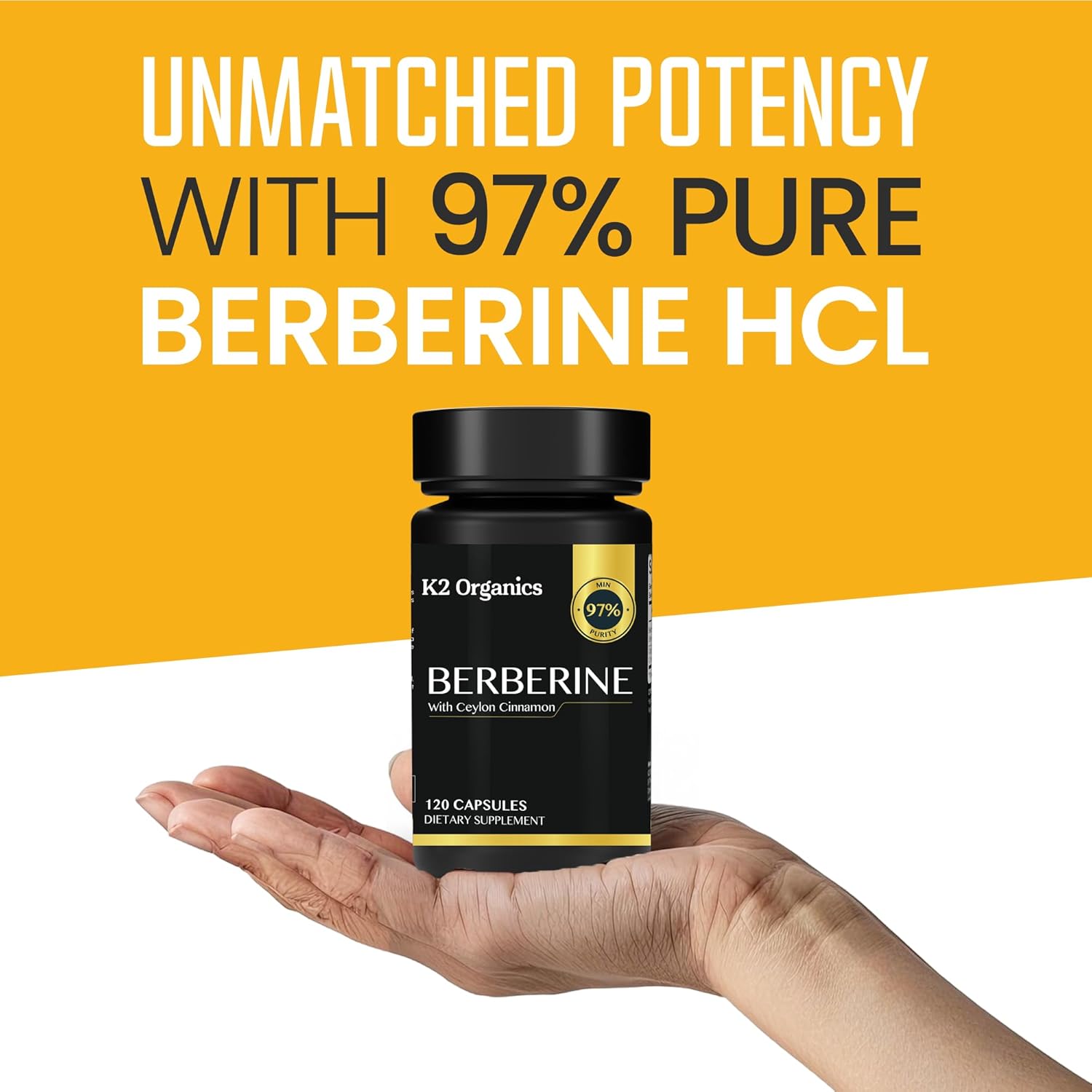 1200mg Berberine with Ceylon Cinnamon - 97% Purity, Non-GMO, Gluten-Free, Lab-Tested Vegan Supplement - 120 Count Pack