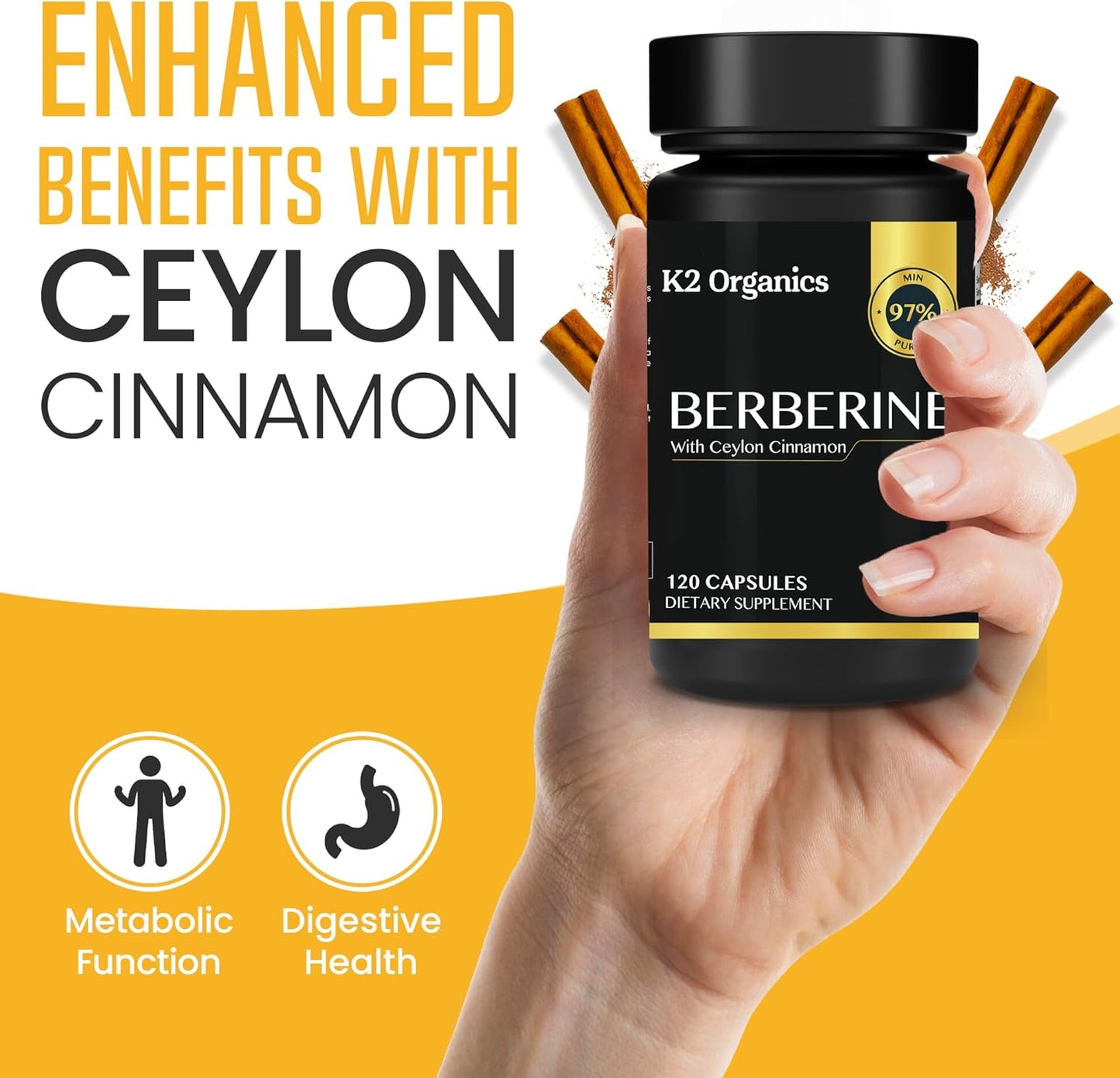 1200mg Berberine with Ceylon Cinnamon - 97% Purity, Non-GMO, Gluten-Free, Lab-Tested Vegan Supplement - 120 Count Pack