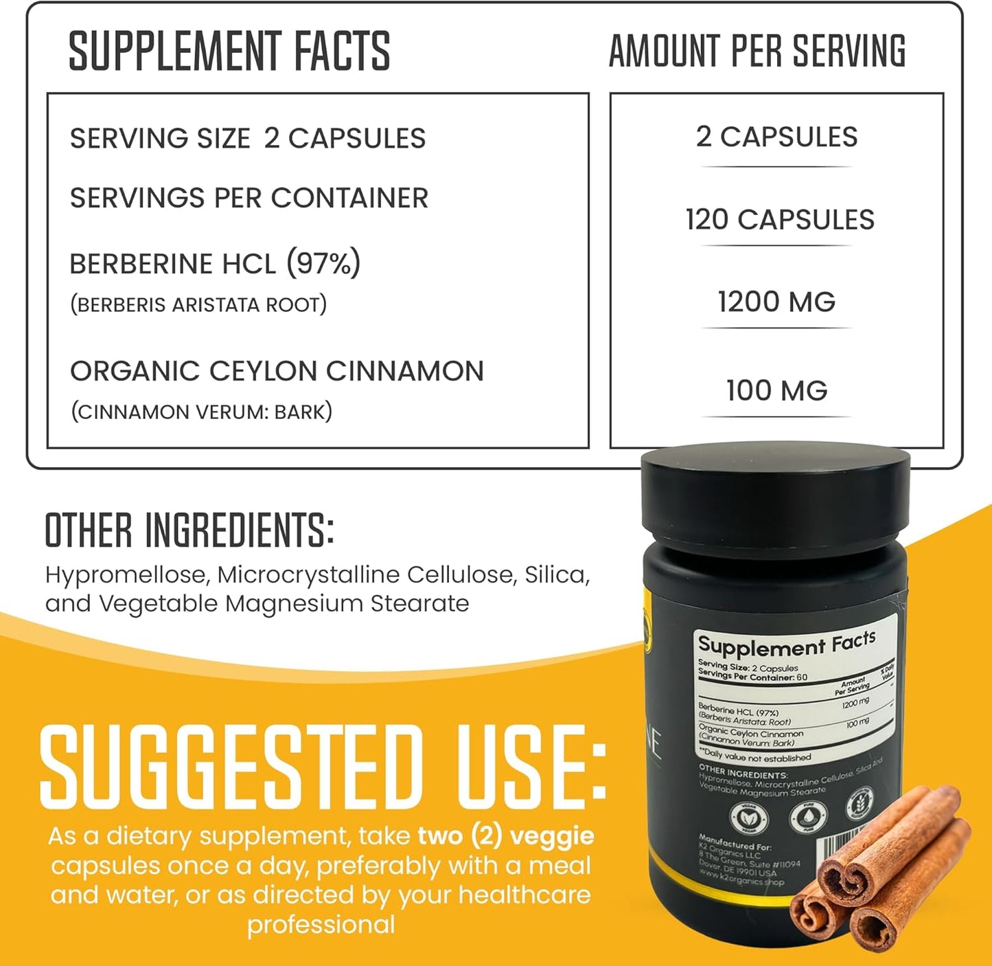 1200mg Berberine with Ceylon Cinnamon - 97% Purity, Non-GMO, Gluten-Free, Lab-Tested Vegan Supplement - 120 Count Pack