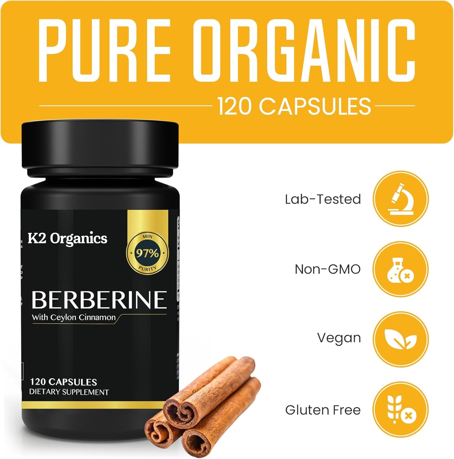 1200mg Berberine with Ceylon Cinnamon - 97% Purity, Non-GMO, Gluten-Free, Lab-Tested Vegan Supplement - 120 Count Pack