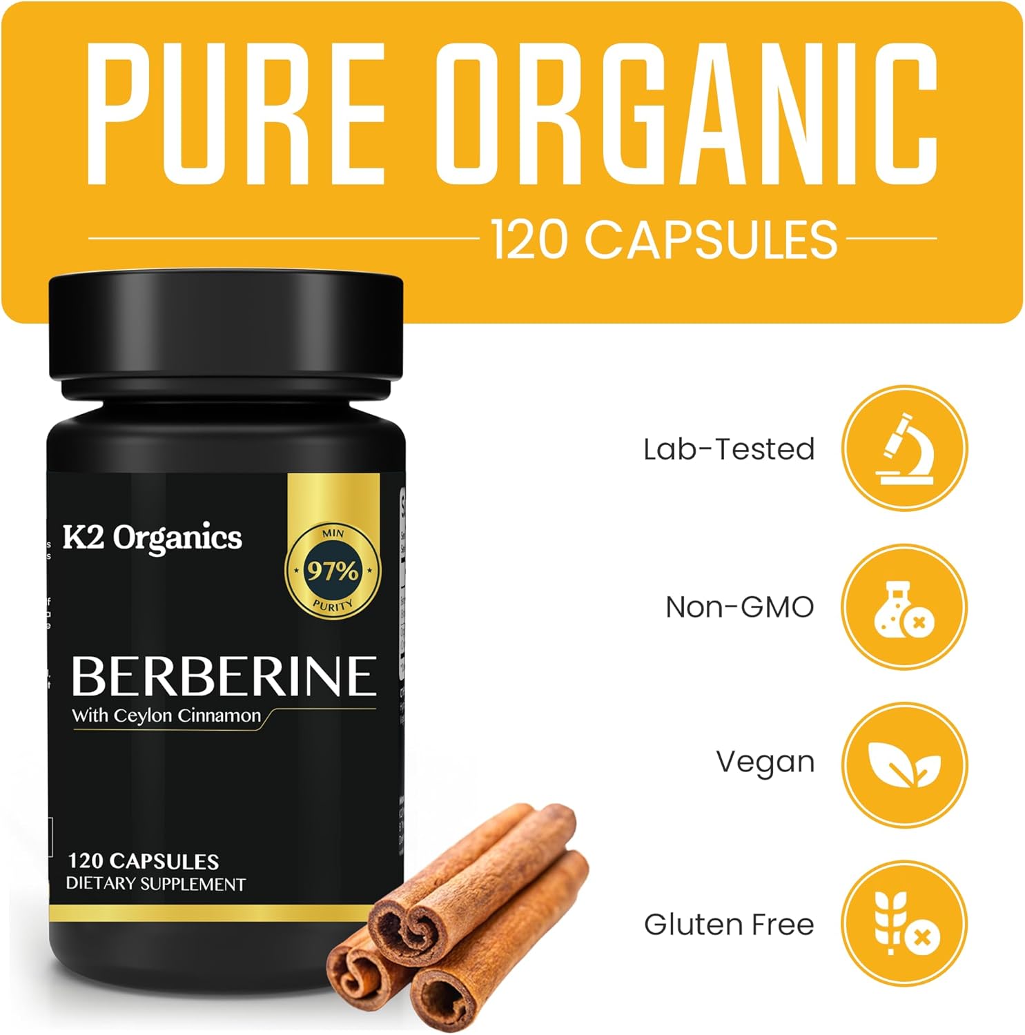 1200mg Berberine with Ceylon Cinnamon - 97% Purity, Non-GMO, Gluten-Free, Lab-Tested Vegan Supplement - 120 Count Pack