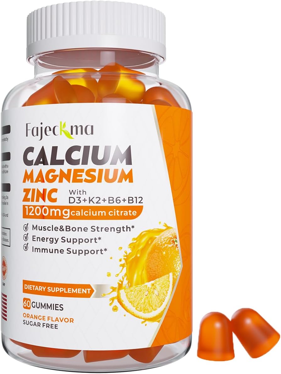1200mg Calcium Citrate Gummies with Vitamin D3 & K3 - Organic Sugar-Free Supplement for Adults & Kids - High Absorption Formula (60 Count)