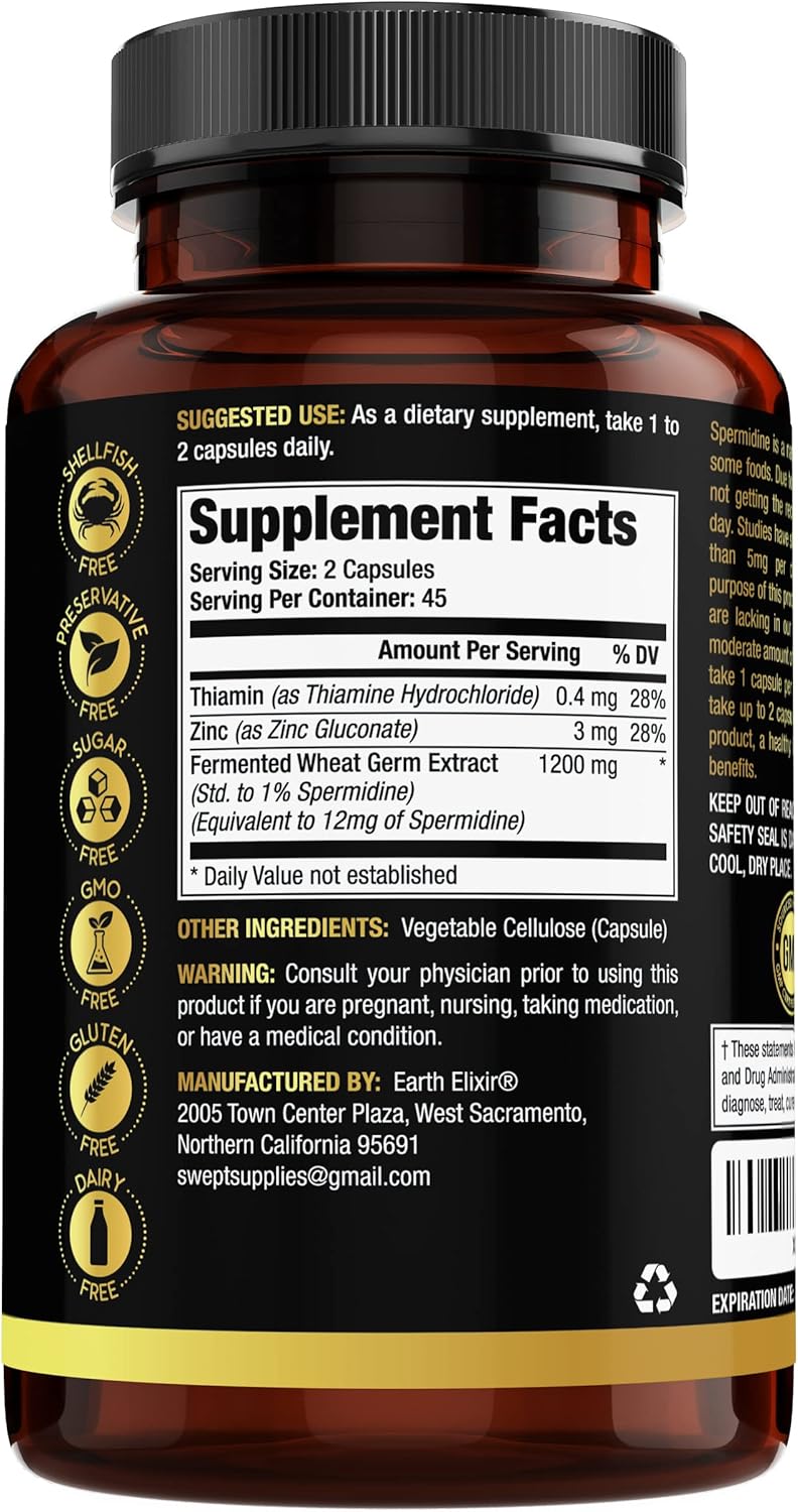 1200mg Earth Elixir Spermidine Supplements - Anti Aging Capsules - 3rd Party Tested - High Purity Espermidina - Wheat Germ Extract - NMN Alternative