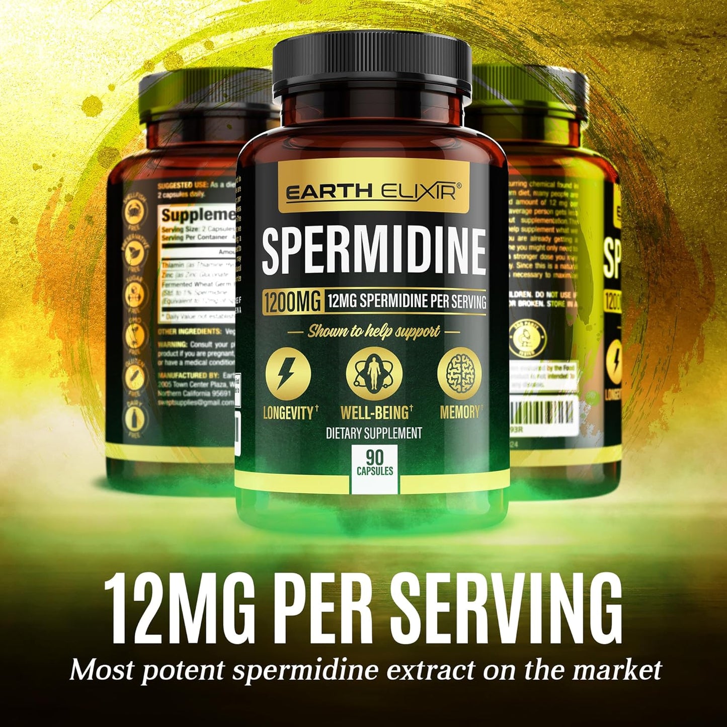 1200mg Earth Elixir Spermidine Supplements - Anti Aging Capsules - 3rd Party Tested - High Purity Espermidina - Wheat Germ Extract - NMN Alternative